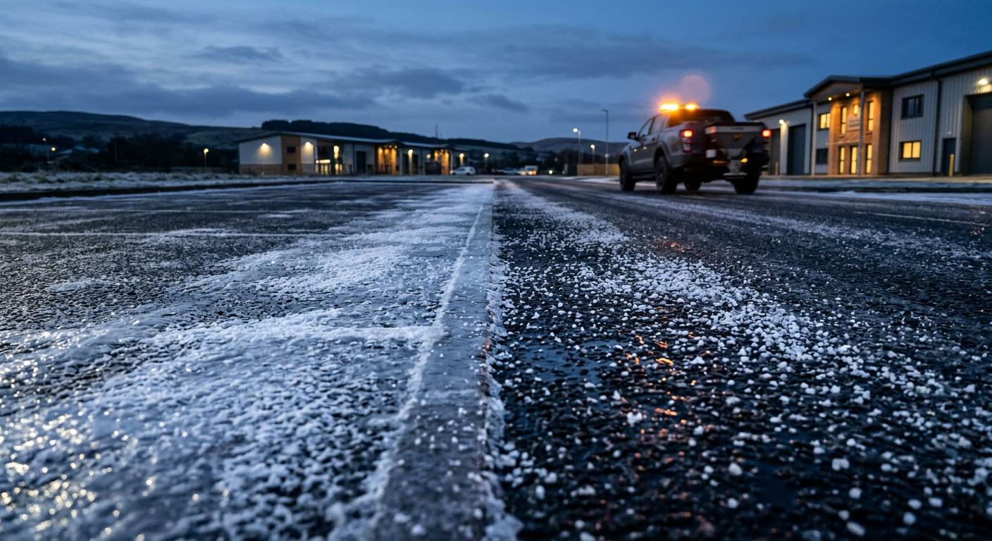 Frosty untreated tarmac beside a freshly salted, clear surface, with our gritter in the distance at dawn